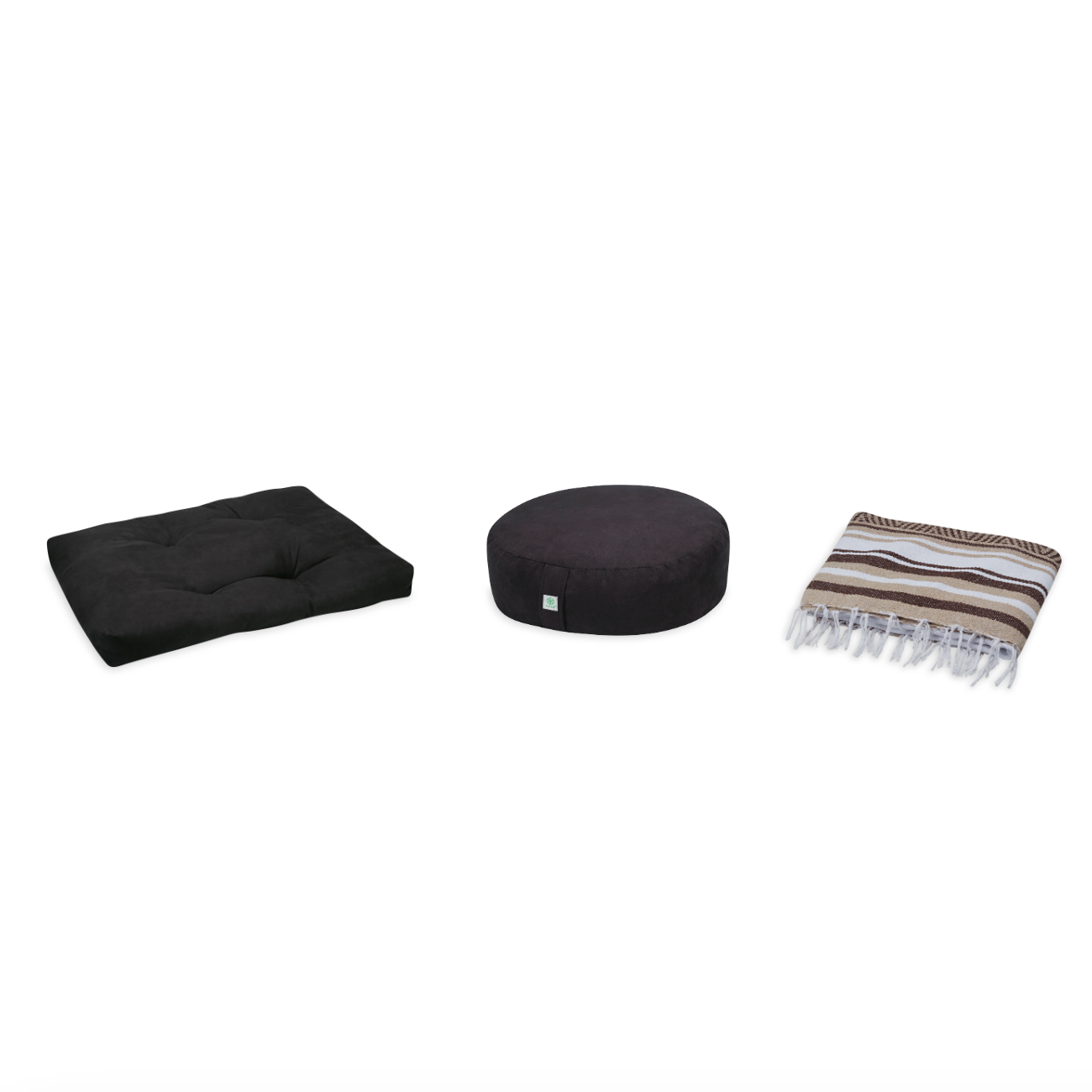 Meditation Bundle - Zabuton (Black), Zafu (Black), Blanket (Tan/Brown)